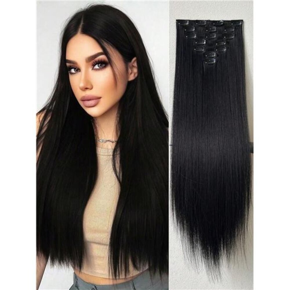 16 Clips 22 Inch 7pcs Black Straight Synthetic Hair Extensions For Women